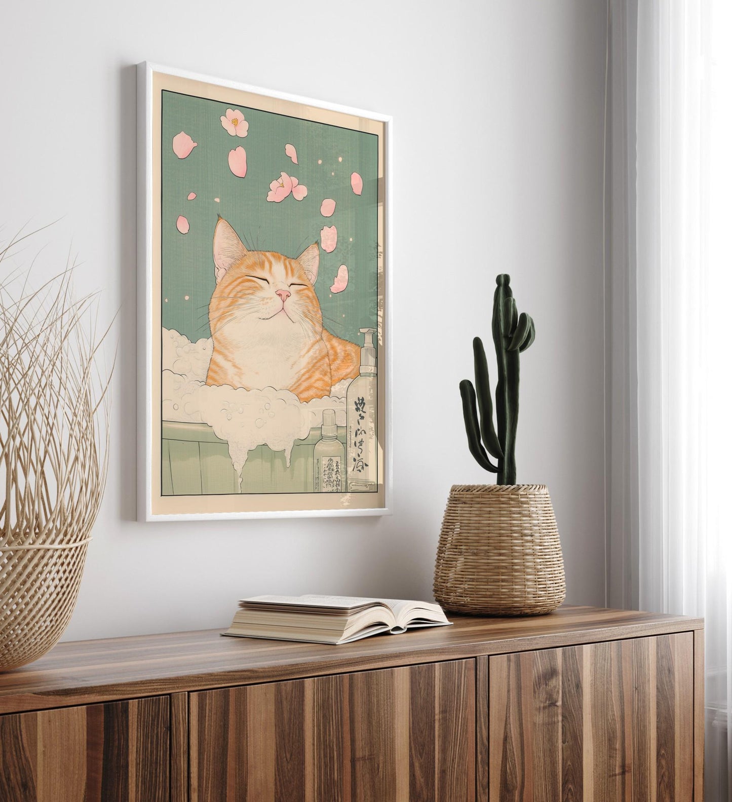 Japanese Ginger Tabby Cat Bath Print: Ukiyo-e Style Wall Art