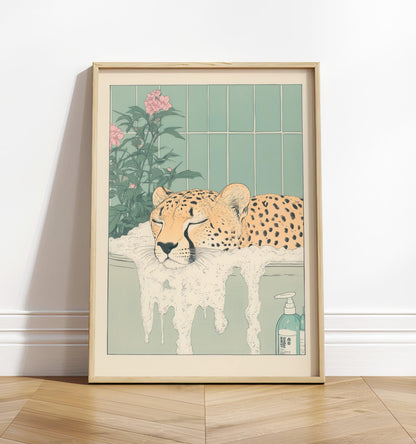 Cheetah in Bathtub Ukiyo-e Print: Funny Japandi Bathroom Art