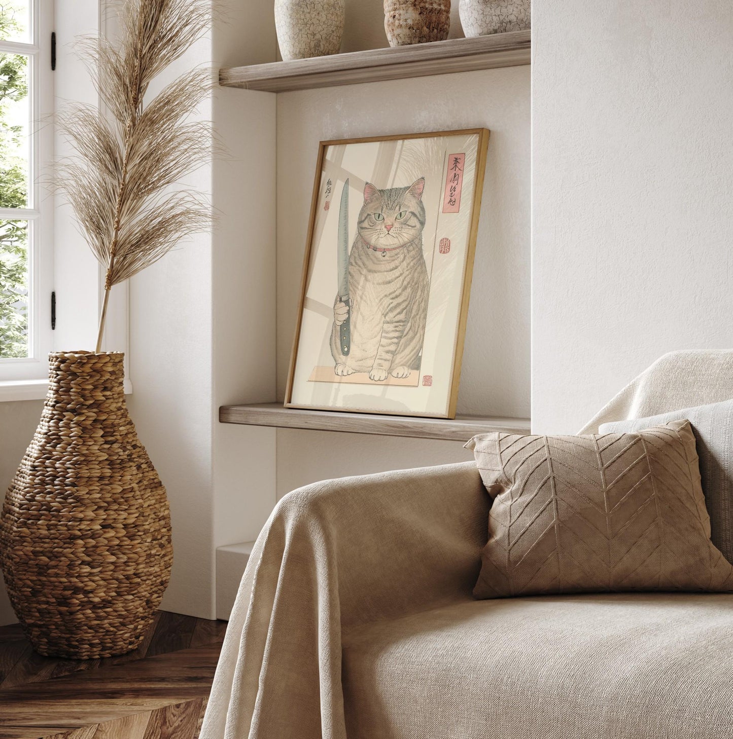 Japanese Cat Print: Funny Tabby Cat with Knife, Ukiyo-e Kitchen Art