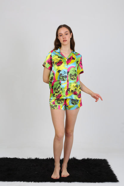 Whimsical Pug Print Pajama Set - Short Sleeve Shirt & Shorts - Colorful Dog Faces on Fabric - Fun, Cozy Sleepwear - Satin Pajamas