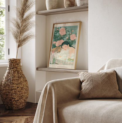 Parakeet in Bathtub Ukiyo-e Print: Funny Bird, Japandi Art