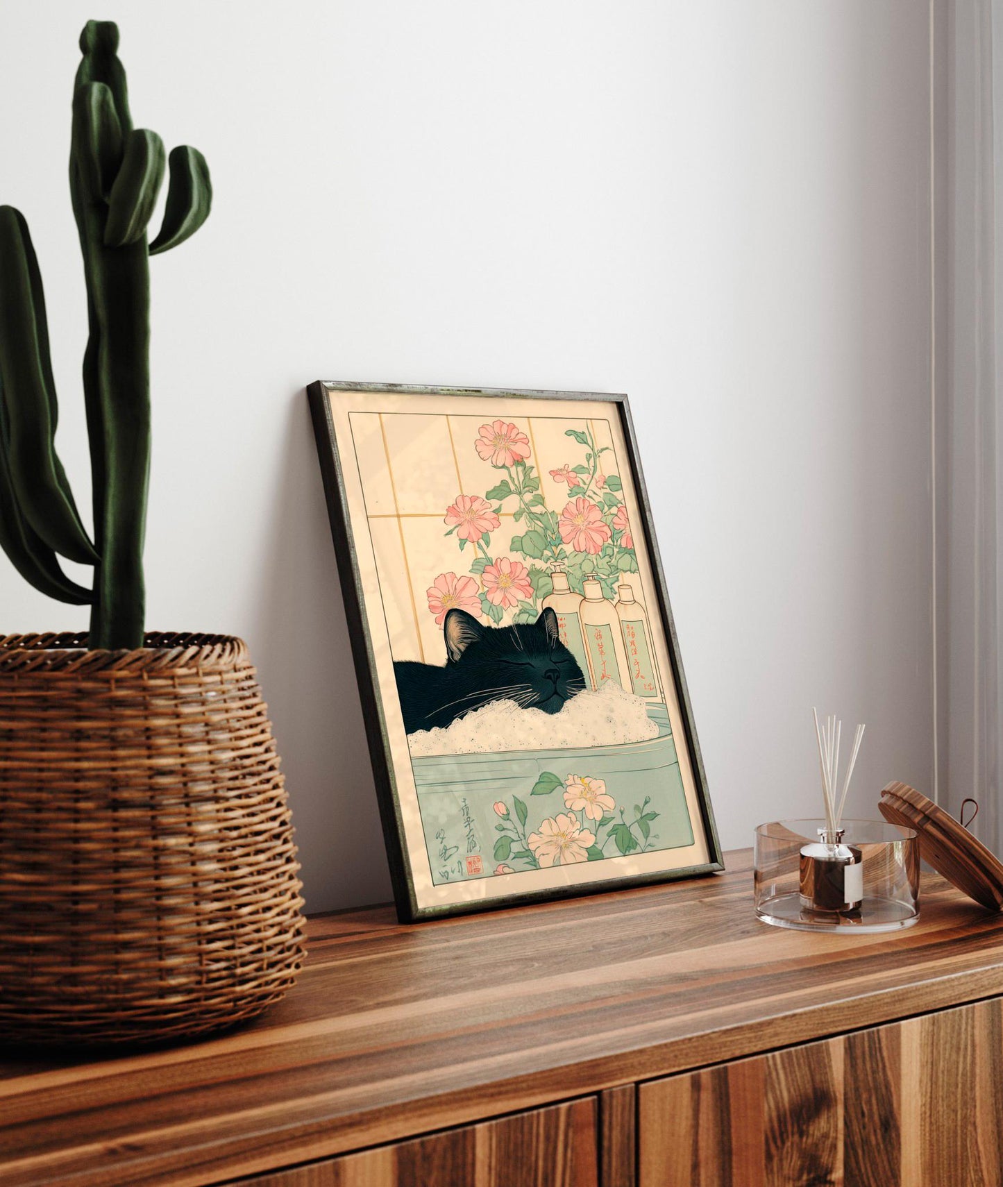 Black Cat in Bathtub: Japanese Bathroom Print, Minimalist Wall Art