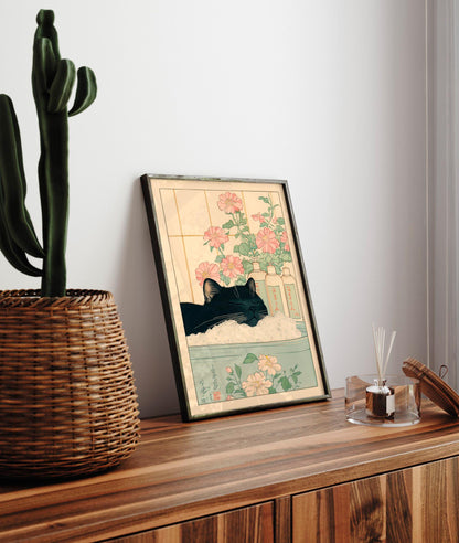 Black Cat in Bathtub: Japanese Bathroom Print, Minimalist Wall Art