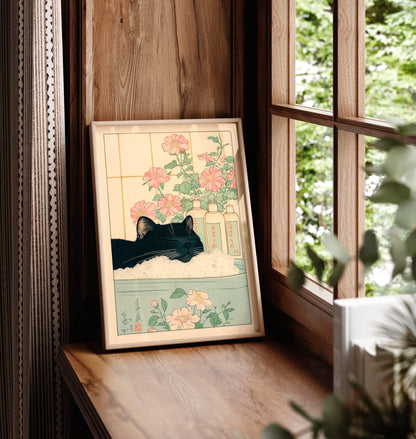 Black Cat in Bathtub: Japanese Bathroom Print, Minimalist Wall Art