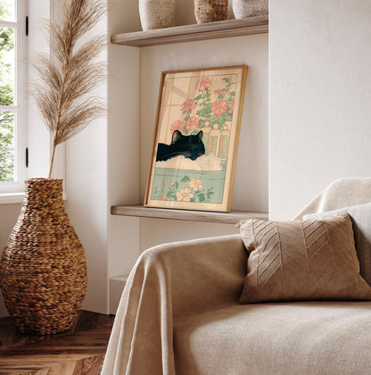 Black Cat in Bathtub: Japanese Bathroom Print, Minimalist Wall Art