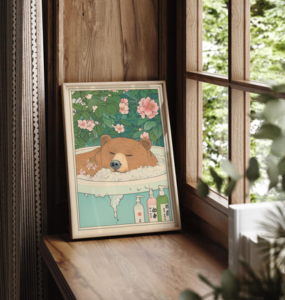 Brown Bear Bathtub Print: Japanese Ukiyo-e Art, Japandi Decor