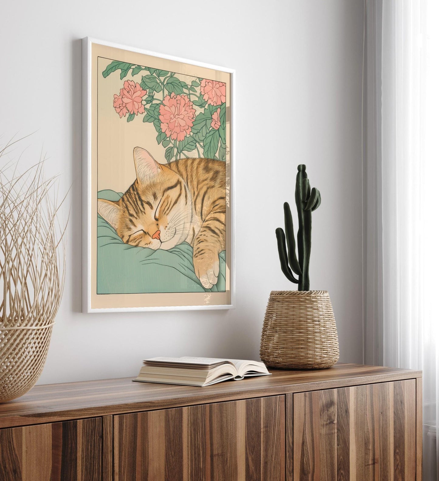 Sleeping Tabby Cat Print: Japanese Ukiyo-e Wall Art