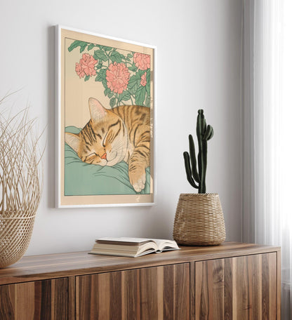 Sleeping Tabby Cat Print: Japanese Ukiyo-e Wall Art