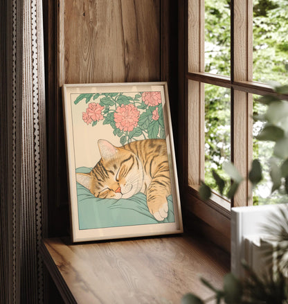 Sleeping Tabby Cat Print: Japanese Ukiyo-e Wall Art