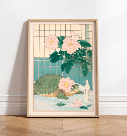 Sea Turtle Bathroom Print: Japanese Ukiyo-e Style Floral Art