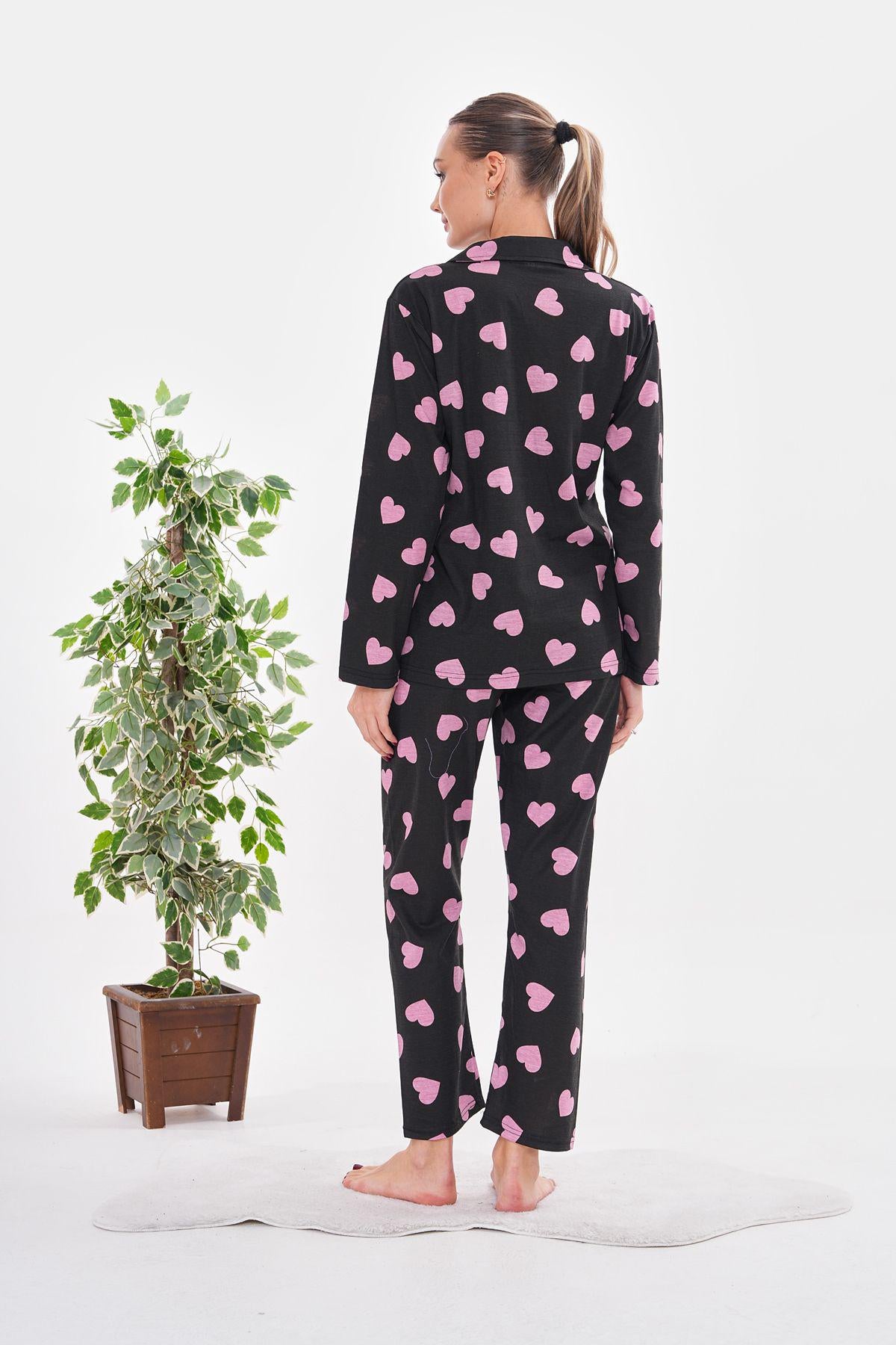 Women's Pink Heart Pajama Set – Romantic Women Pajama Button-Up Sleepwear, Cozy Loungewear with Elastic Waist for Relaxing Nights