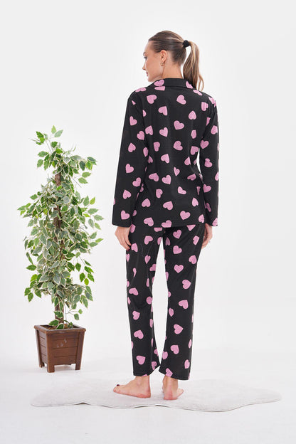 Women's Pink Heart Pajama Set – Romantic Women Pajama Button-Up Sleepwear, Cozy Loungewear with Elastic Waist for Relaxing Nights