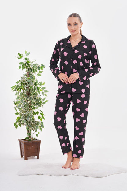 Women's Pink Heart Pajama Set – Romantic Women Pajama Button-Up Sleepwear, Cozy Loungewear with Elastic Waist for Relaxing Nights
