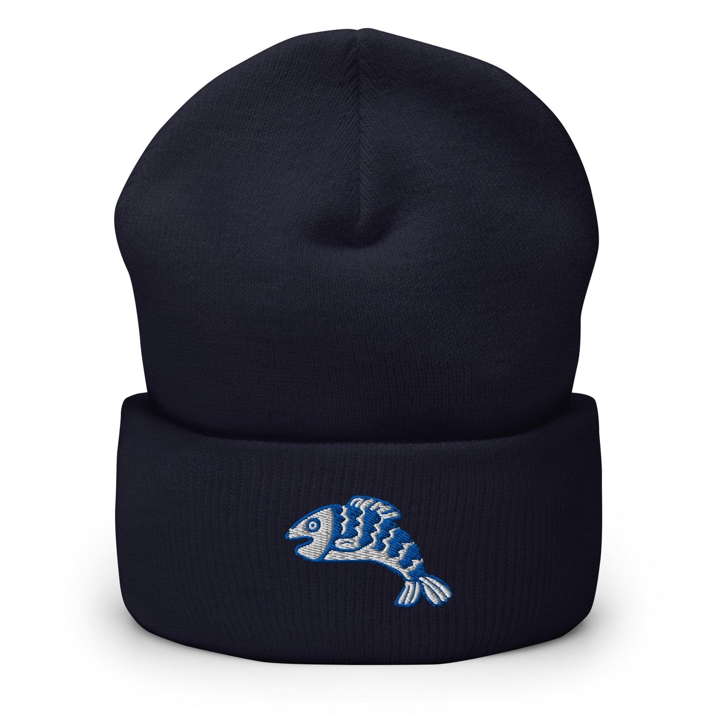 Linocut Fish Beanie, Handmade Cuffed Knit Unisex Slouchy Adult Winter Hat Cap Gift, Kawaii