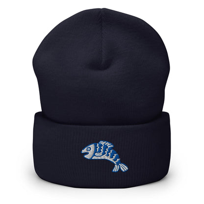 Linocut Fish Beanie, Handmade Cuffed Knit Unisex Slouchy Adult Winter Hat Cap Gift, Kawaii