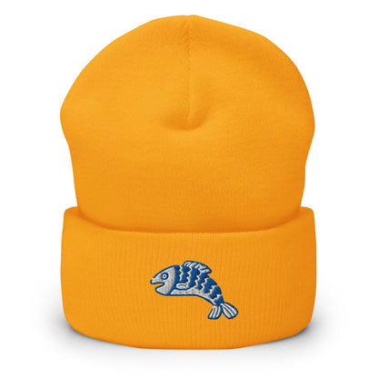 Linocut Fish Beanie, Handmade Cuffed Knit Unisex Slouchy Adult Winter Hat Cap Gift, Kawaii