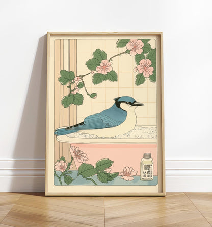 Blue Jay in Bathtub Print: Japanese Bathroom Art