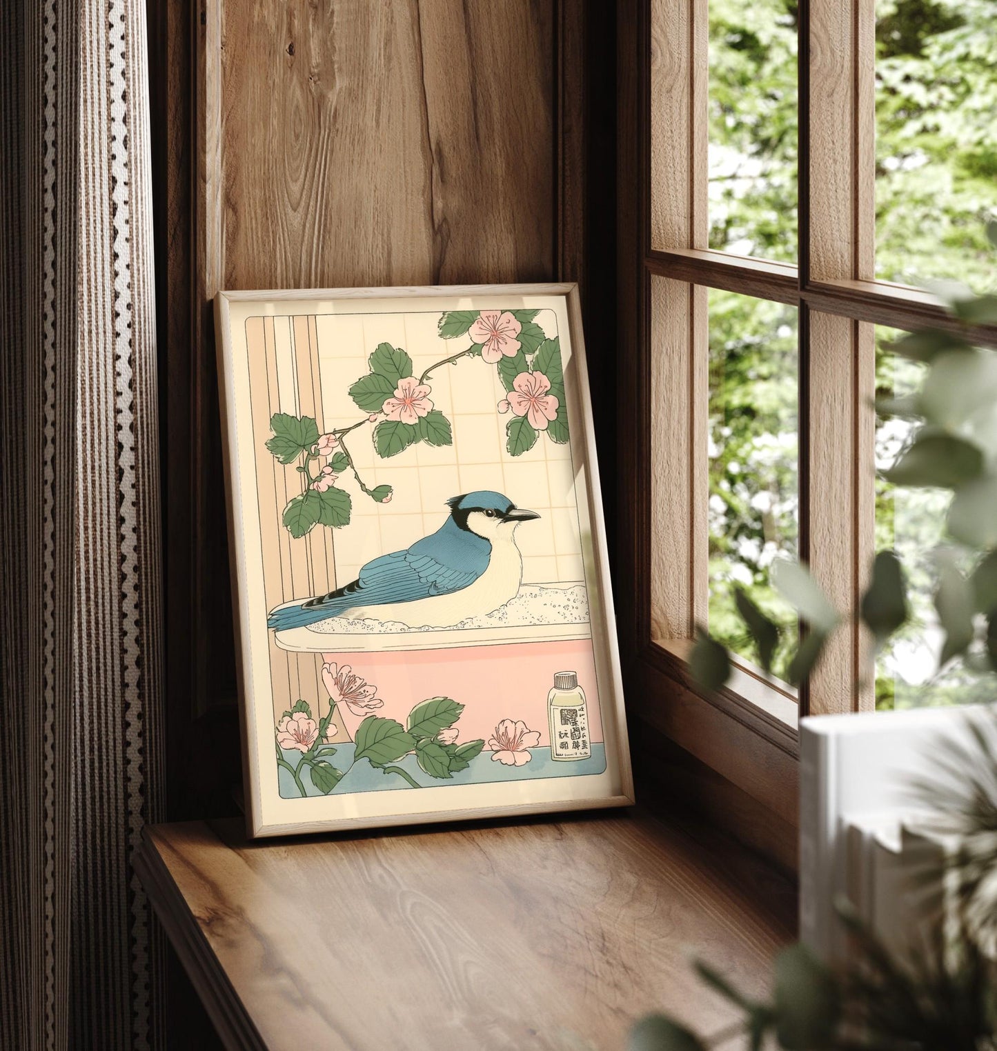 Blue Jay in Bathtub Print: Japanese Bathroom Art