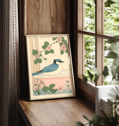 Blue Jay in Bathtub Print: Japanese Bathroom Art