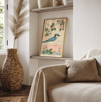 Blue Jay in Bathtub Print: Japanese Bathroom Art