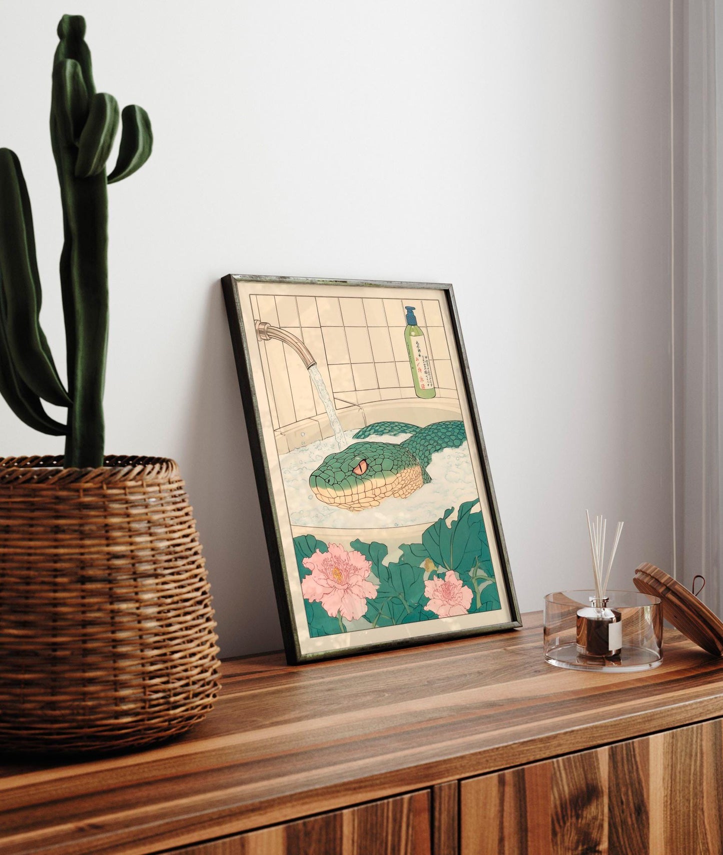 Ukiyo-e Snake Print: Green Serpent in Bathtub, Japanese Bathroom Art