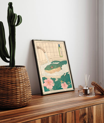 Ukiyo-e Snake Print: Green Serpent in Bathtub, Japanese Bathroom Art