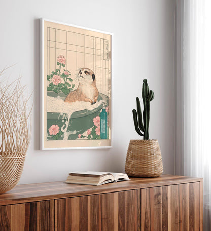 Meerkat in Bathtub Print: Funny Ukiyo-e Japanese Bathroom Art