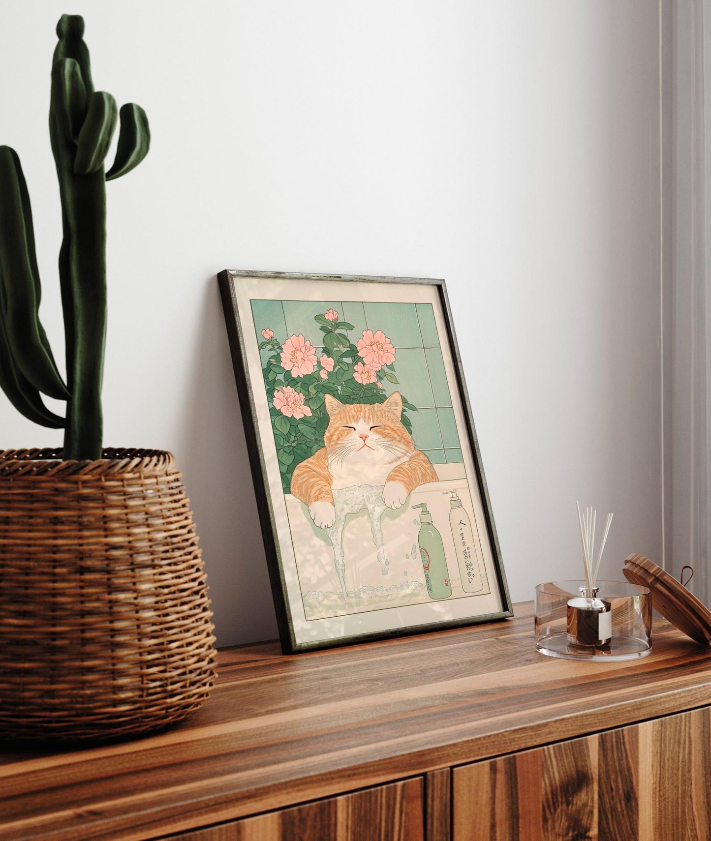 Ukiyo-e Cat Print: Funny Ginger Cat in Bathtub, Japanese Art