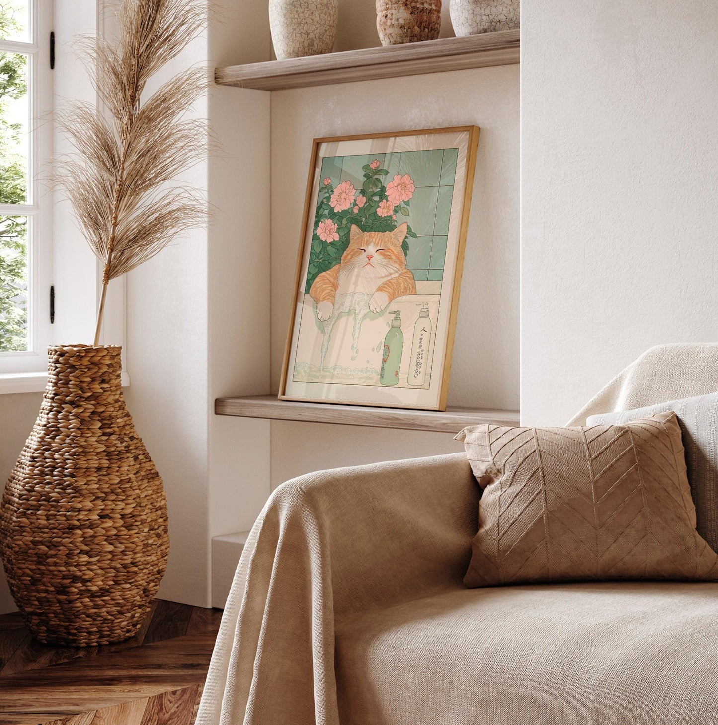 Ukiyo-e Cat Print: Funny Ginger Cat in Bathtub, Japanese Art