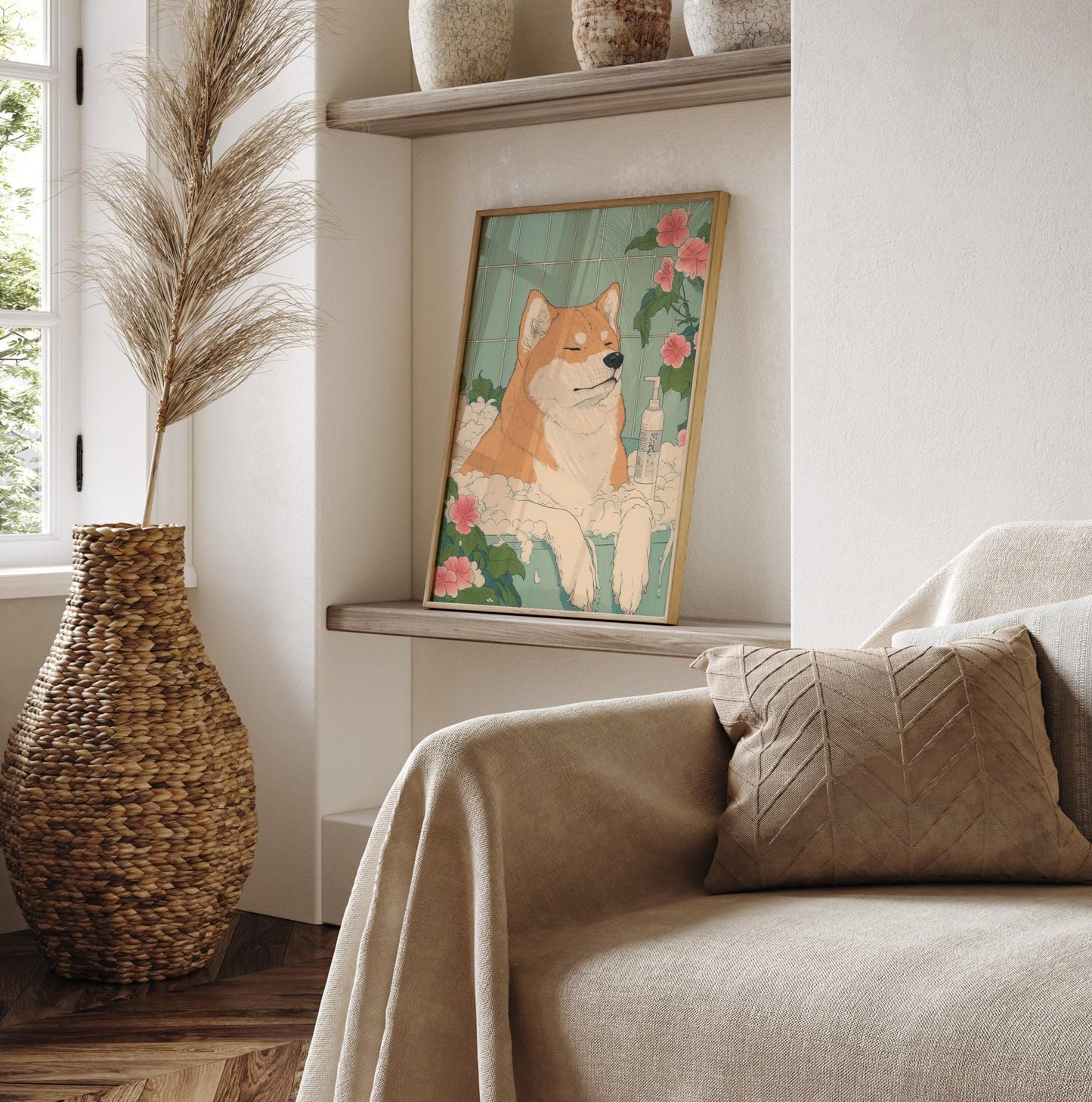 Akita Inu Bathroom Print: Funny Dog in Bathtub in Japanese Style