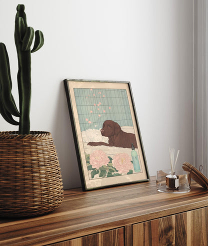Chocolate Labrador Bathroom Print: Japanese Ukiyo-e Art, Dog in Bathtub