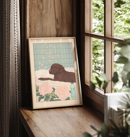 Chocolate Labrador Bathroom Print: Japanese Ukiyo-e Art, Dog in Bathtub