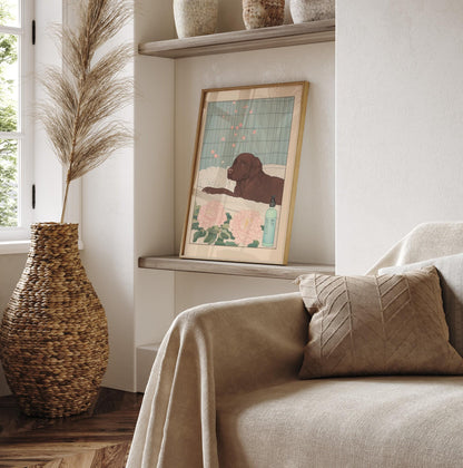 Chocolate Labrador Bathroom Print: Japanese Ukiyo-e Art, Dog in Bathtub