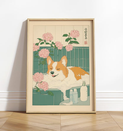 Corgi in Bathtub Art Print: Japanese Ukiyo-e Style Bathroom Decor