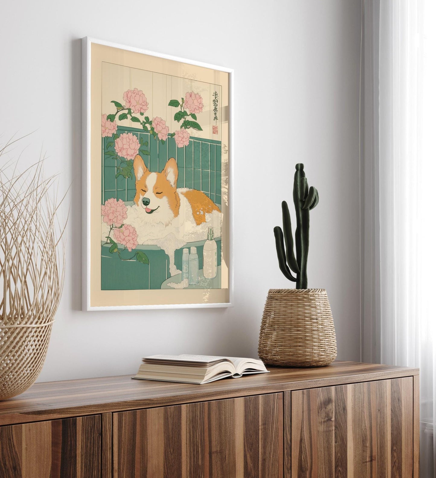 Corgi in Bathtub Art Print: Japanese Ukiyo-e Style Bathroom Decor