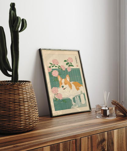 Corgi in Bathtub Art Print: Japanese Ukiyo-e Style Bathroom Decor