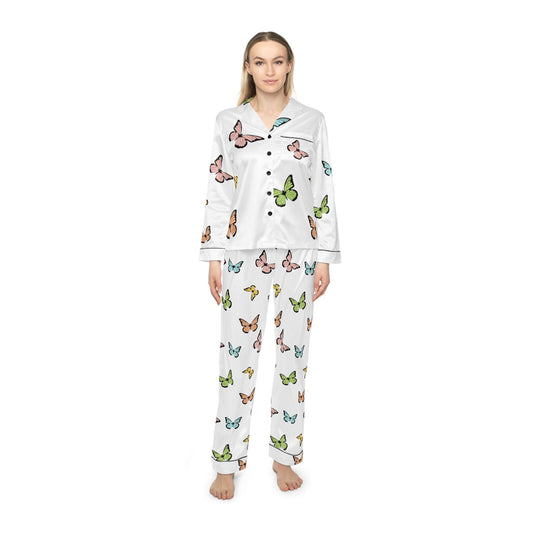 Butterfly Satin Pajamas Set, Women's Nightwear, Butterfly Print Pajama Set, Sleepwear Gift for Her, Satin Sleep Set, Women's Butterfly