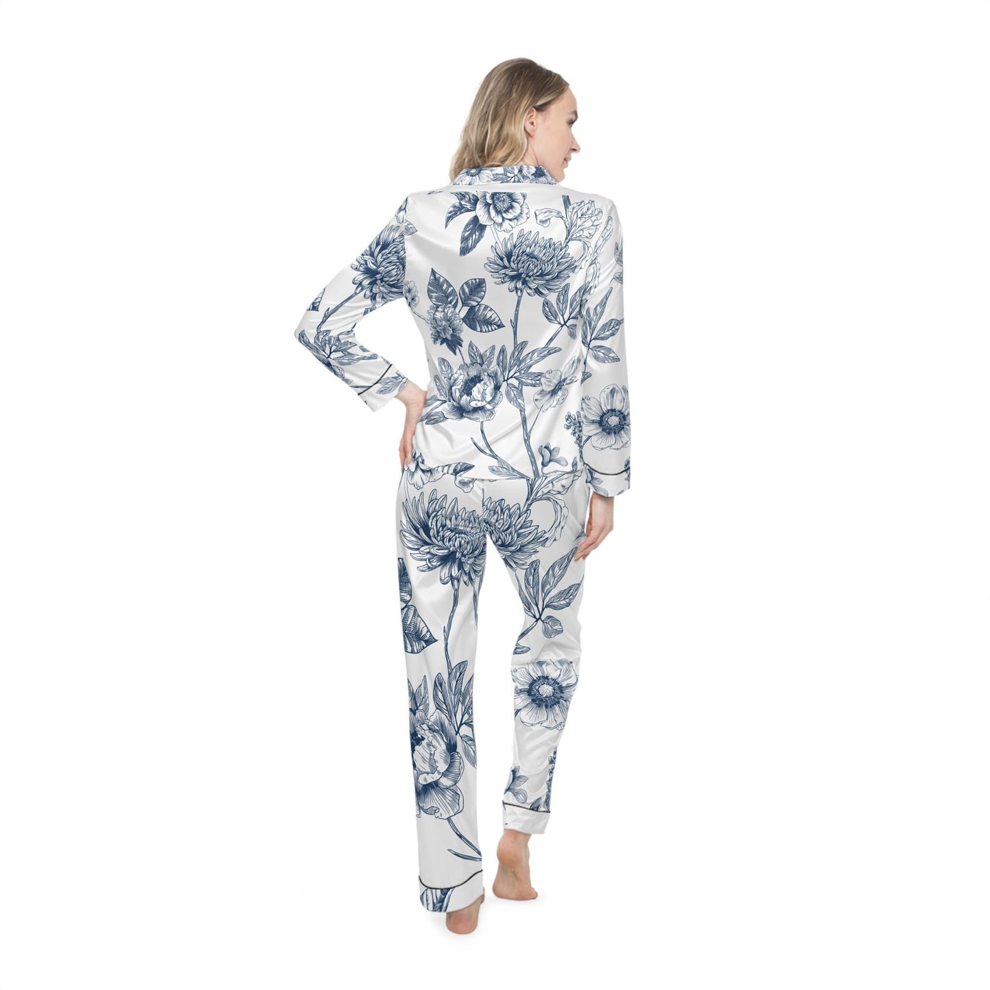 Blue Floral Satin Pajamas for Women, Elegant Sleepwear Set, Luxury PJ Set, Soft Lounge Pajamas, Floral Pajama Set, Women's Nightwear