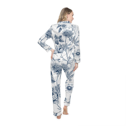 Blue Floral Satin Pajamas for Women, Elegant Sleepwear Set, Luxury PJ Set, Soft Lounge Pajamas, Floral Pajama Set, Women's Nightwear