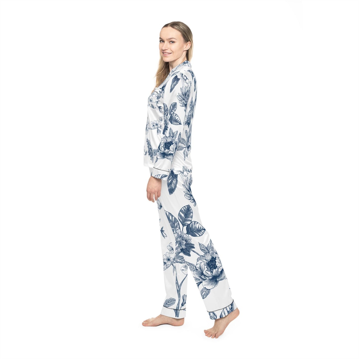 Blue Floral Satin Pajamas for Women, Elegant Sleepwear Set, Luxury PJ Set, Soft Lounge Pajamas, Floral Pajama Set, Women's Nightwear