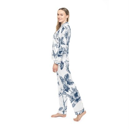 Blue Floral Satin Pajamas for Women, Elegant Sleepwear Set, Luxury PJ Set, Soft Lounge Pajamas, Floral Pajama Set, Women's Nightwear