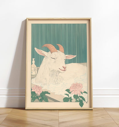 Goat in Bathtub Print: Japanese Minimalist Bathroom Art