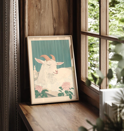 Goat in Bathtub Print: Japanese Minimalist Bathroom Art