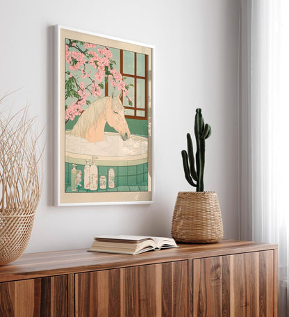 Ukiyo-e Horse Bathroom Print: Japanese Minimalist Wall Art