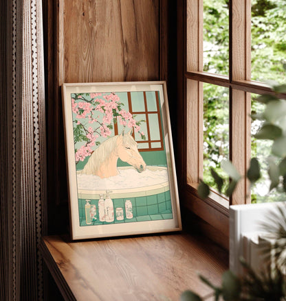 Ukiyo-e Horse Bathroom Print: Japanese Minimalist Wall Art
