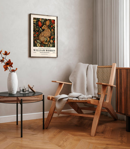 Rabbit Art Print: William Morris Style Dark Botanical Wall Decor