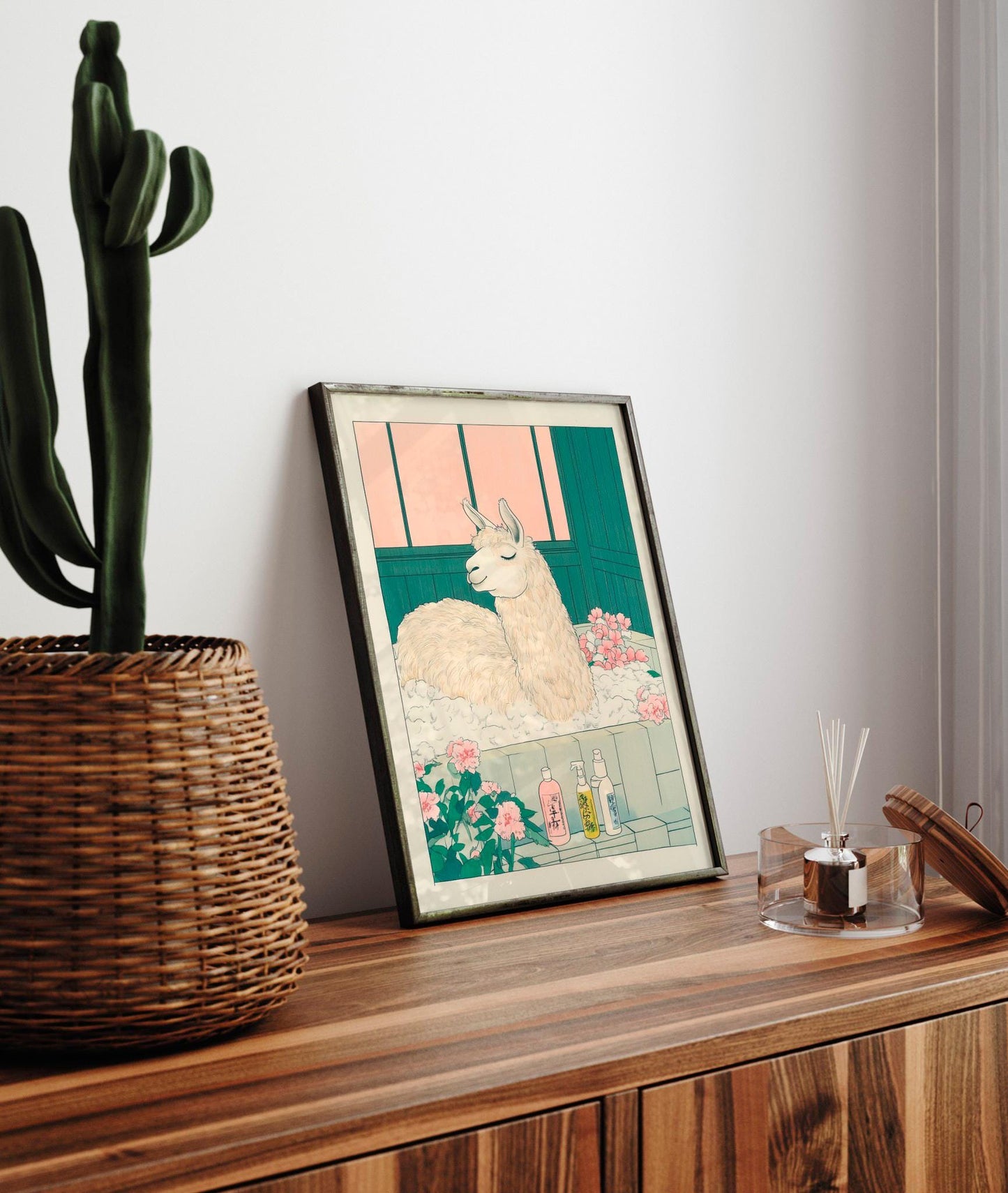 Llama Bathroom Print: Funny Japandi Ukiyo-e Animal Art