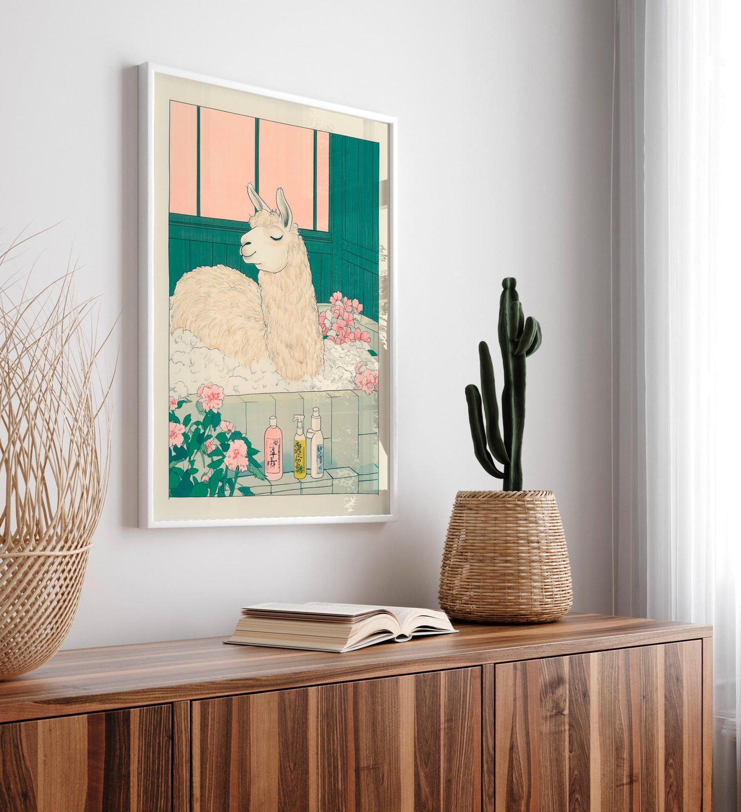 Llama Bathroom Print: Funny Japandi Ukiyo-e Animal Art