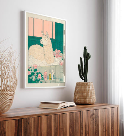 Llama Bathroom Print: Funny Japandi Ukiyo-e Animal Art