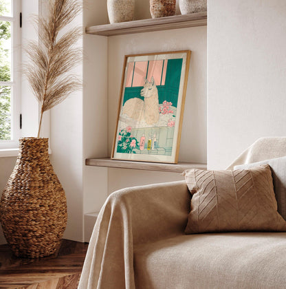 Llama Bathroom Print: Funny Japandi Ukiyo-e Animal Art